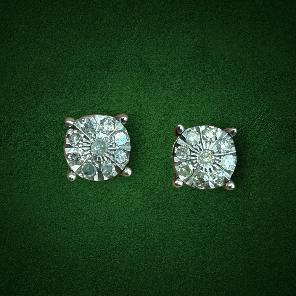 925 Sterling Silver Genuine Diamonds Cluster Flower Stud Earrings
